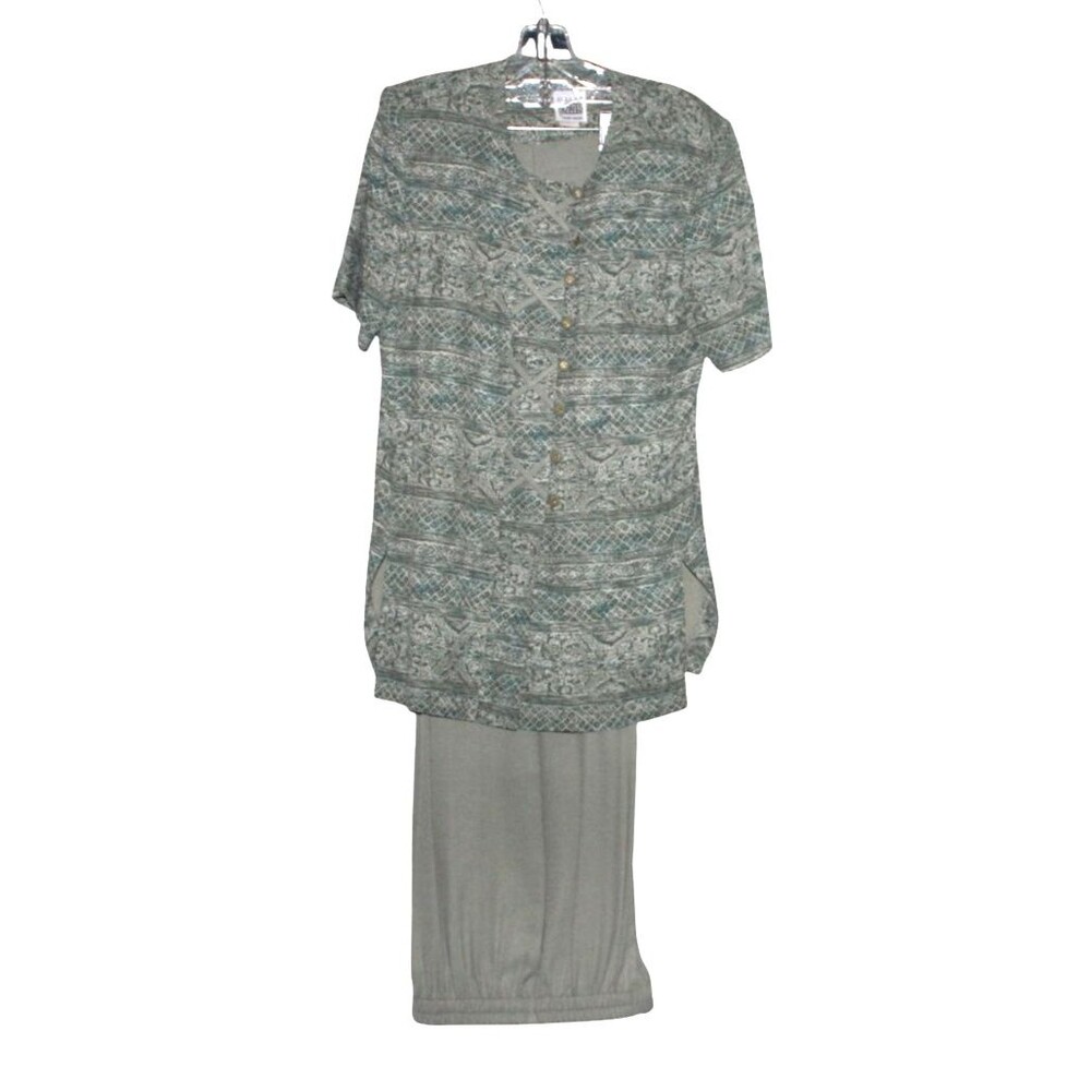 R & M Richard Karen Kwong Pant Suit 2Pc Green Elastic Waist Shirt Sleeve Sz 12